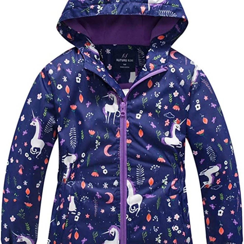 Girls' Purple Unicorn Print Hooded Rain Jacket